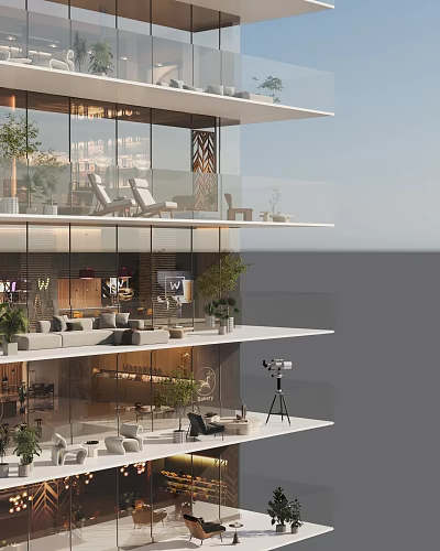 Leisure Sofa Set On Modern Balcony With Green Plants Telescope And Cozy Outdoor Living Space 3d model