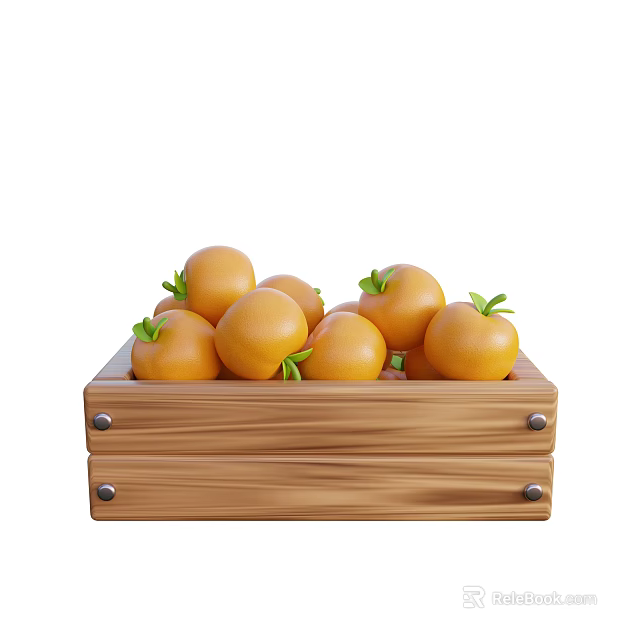 Fresh Citrus Fruits With Green Leaves In Wooden Crate 3d model 