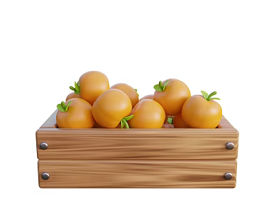 Fresh Citrus Fruits With Green Leaves In Wooden Crate 3d model