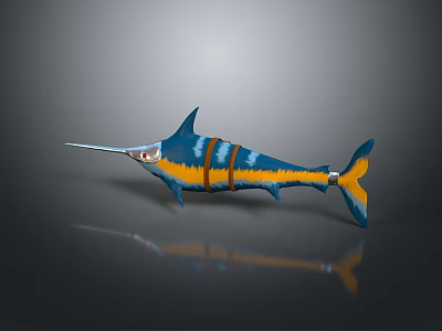 Blue And Yellow Swordfish With Long Bill Orange Stripes On Dark Background With Reflection 3d model
