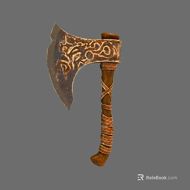 Antique Decorative Axe With Ornate Carvings On Blade And Wooden Handle Wrapped Rope 3d model 