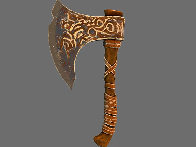 Antique Decorative Axe With Ornate Carvings On Blade And Wooden Handle Wrapped Rope 3d model
