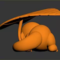 Orange Reptile 3D Model With Curled Body And Fan Shaped Back On Dark Reflective Surface