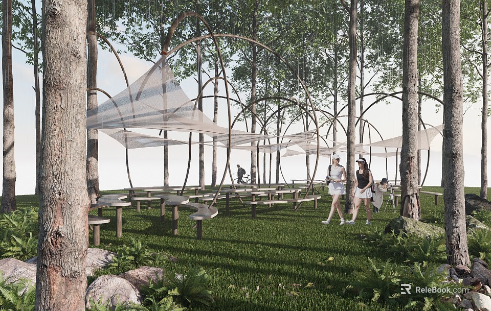 Industrial Metal Canopy Equipment In Outdoor Natural Environment With Trees Grass And People Walking 3d model 