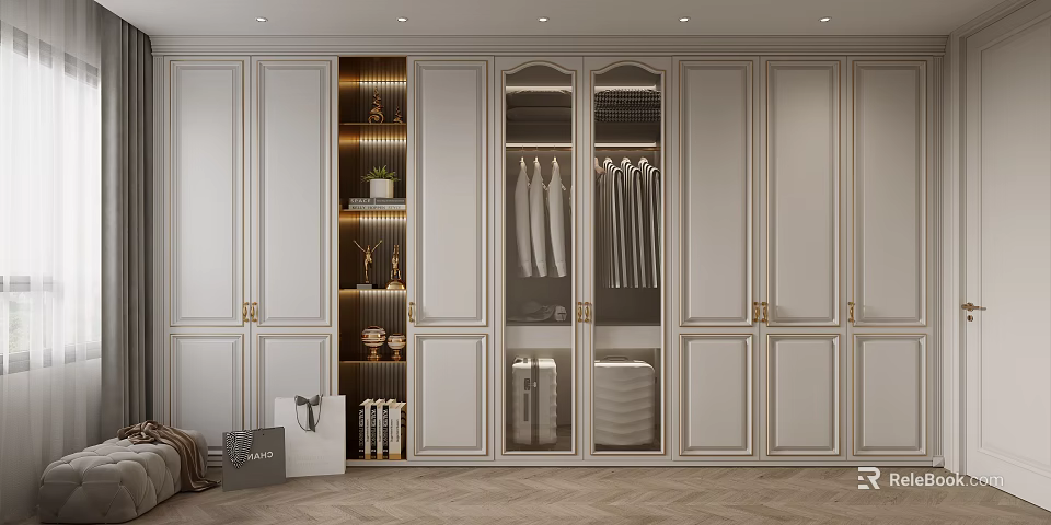 Modern Walk In Closet Interior With Glass Doors And Decorative Shelves 3d model 