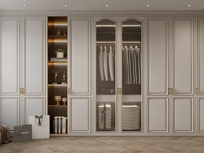 Modern Walk In Closet Interior With Glass Doors And Decorative Shelves 3d model