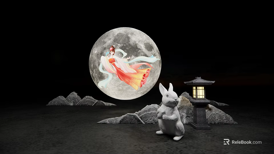 Art Installation With Full Moon Female Figure Rabbit Lantern and Mountain Scenery 3d model 