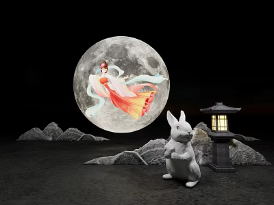 Art Installation With Full Moon Female Figure Rabbit Lantern and Mountain Scenery 3d model