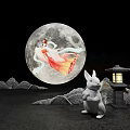 Art Installation With Full Moon Female Figure Rabbit Lantern and Mountain Scenery