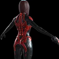 Woman in Red and Black Combat Suit with Short Hair Holding Red Weapon