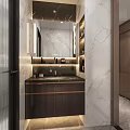 Elegant Modern Bathroom With Marble Walls Transparent Glass Shower Black Toilet And Wall Mounted Shelves