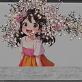 White Wall Decorated With Colorful Floral Blossoms And Happy Girl Standing Nearby