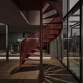 Dark Toned Loft Living Room With Brown Leather Sofa And Spiral Staircase
