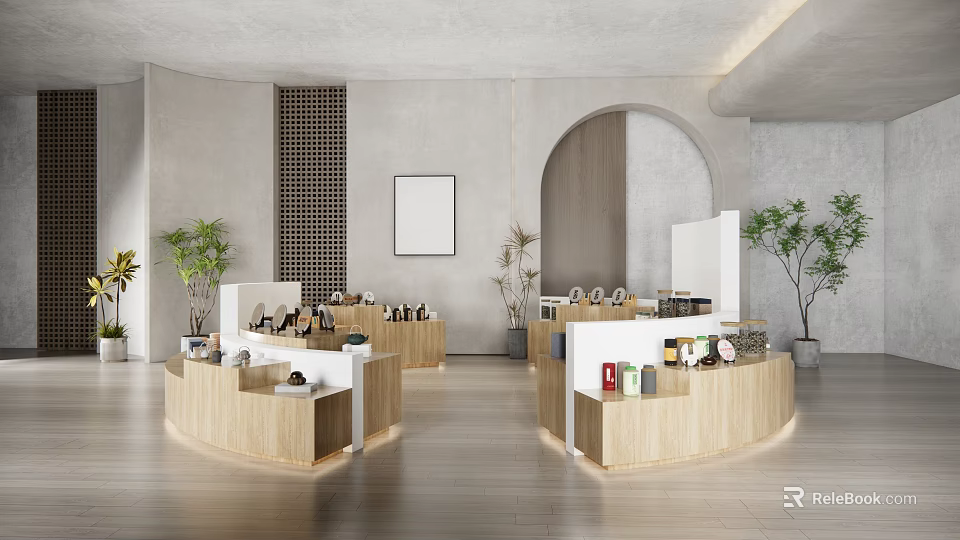 Modern Wooden Curved Display Shelves Showcasing Products In Minimalist Indoor Setting With Plants 3d model 