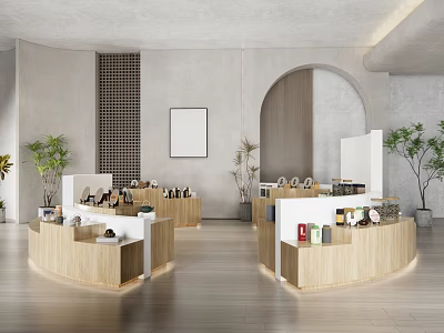 Modern Wooden Curved Display Shelves Showcasing Products In Minimalist Indoor Setting With Plants 3d model