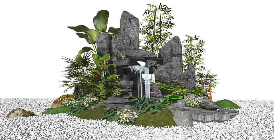 Serene Zen Karesansui Garden Design With Stones Gravel Bamboo And Green Plants 3d model 