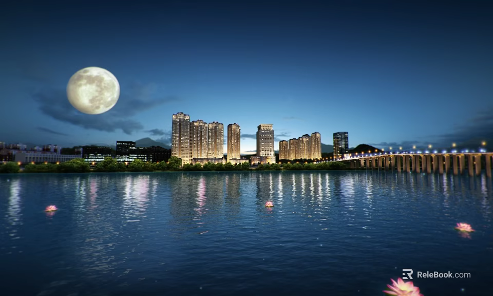 Stunning Night Scenery With Full Moon Over River And Tall Building Reflections 3d model 