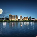Stunning Night Scenery With Full Moon Over River And Tall Building Reflections