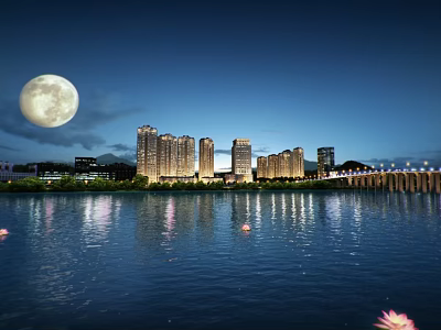 Stunning Night Scenery With Full Moon Over River And Tall Building Reflections 3d model