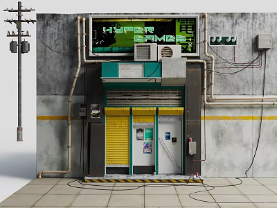 Modern Hyper Games Arcade Entrance With Neon Sign Industrial Wall And Wires 3d model