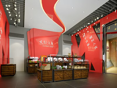 Bright Red Themed Store Interior With Wooden Shelves And Product Displays 3d model