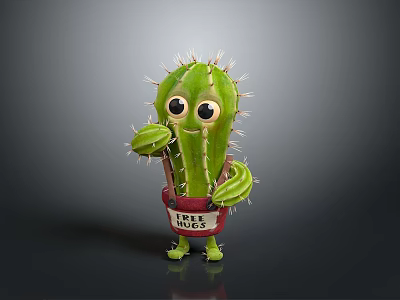 Cute cartoon cactus plant featuring big eyes red pot green feet and LOVE HUGS text 3d model