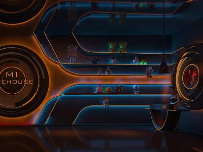 MI HOUSE Bar Modern Futuristic Interior With Illuminated Blue Orange Lines Shelves And Decorative Figurines 3d model