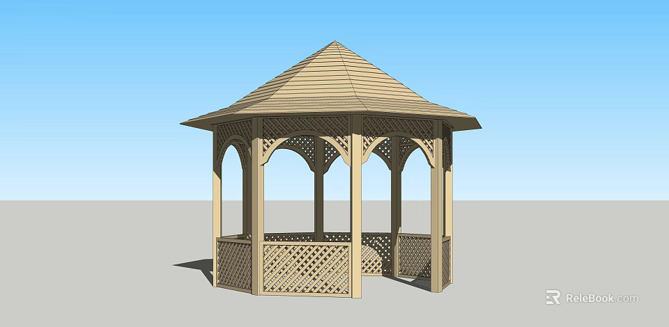 Wooden Hexagonal Gazebo With Arched Columns Lattice Design And Sloped Roof 3d model 