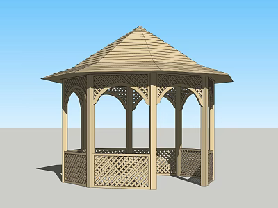 Wooden Hexagonal Gazebo With Arched Columns Lattice Design And Sloped Roof 3d model