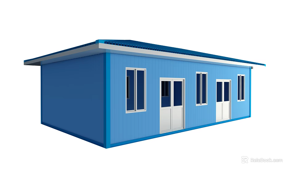 Construction Site Blue Temporary Prefabricated House With White Doors And Windows 3d model 