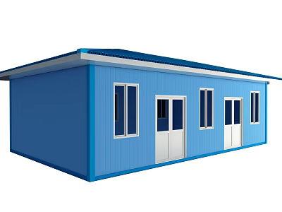 Construction Site Blue Temporary Prefabricated House With White Doors And Windows 3d model