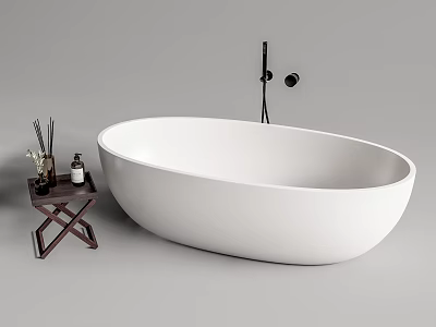 Freestanding White Oval Bathtub with Black Faucet Small Dark Wooden Side Table and Bath Accessories 3d model