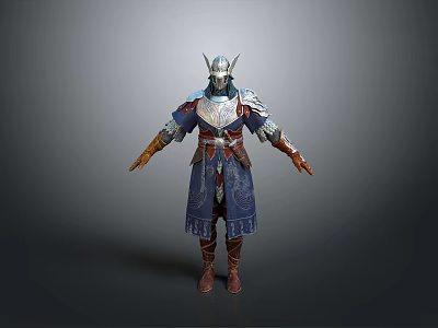 Fantasy Warrior Character With Horned Helmet Blue Embroidered Robe And Brown Boots 3d model
