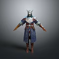 Fantasy Warrior Character With Horned Helmet Blue Embroidered Robe And Brown Boots