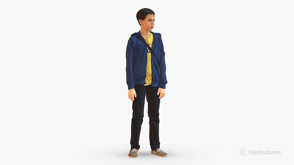 Man Standing in Blue Hooded Jacket Yellow Inner Shirt Black Pants and Brown Shoes 3d model 