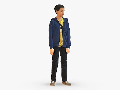 Man Standing in Blue Hooded Jacket Yellow Inner Shirt Black Pants and Brown Shoes 3d model