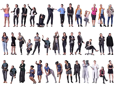 Group Of People In Different Poses With Various Outfits Standing And Sitting 3d model