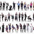 Group Of People In Different Poses With Various Outfits Standing And Sitting