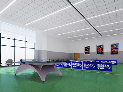 Indoor Table Tennis Fitness Space With Green Floor Blue Barriers And Bright Lighting 3d model