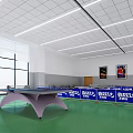 Indoor Table Tennis Fitness Space With Green Floor Blue Barriers And Bright Lighting