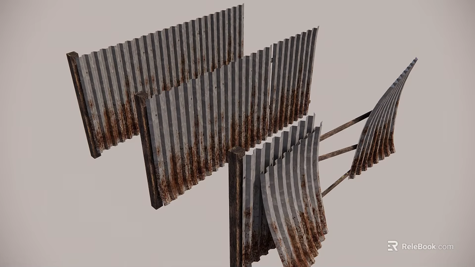 Corrugated Metal Fence With Vertical Slats Rusted Sections And Irregular Slanted Structure 3d model 