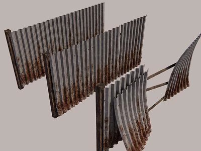Corrugated Metal Fence With Vertical Slats Rusted Sections And Irregular Slanted Structure 3d model
