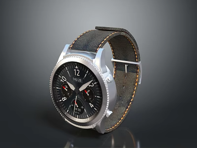 Elegant Leather Strap Watch With Silver Metal Case Black Dial And Stitched Design 3d model