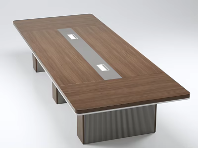 Modern Wooden Conference Table With Silver Strip Inlay And Vertical Striped Metallic Legs 3d model