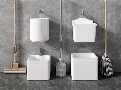 White Square Washbasins with Wall Mounted Toilets and Cleaning Tools in Modern Bathroom 3d model