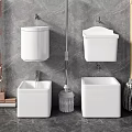 White Square Washbasins with Wall Mounted Toilets and Cleaning Tools in Modern Bathroom