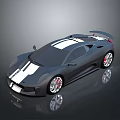 Black Sports Car with White Racing Stripes Sleek Aerodynamic Design Rear Spoiler and Red Wheels