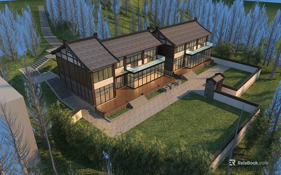 Traditional Chinese Style House Featuring Flat Open Doors Courtyard Lawn and Trees 3d model 