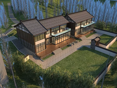 Traditional Chinese Style House Featuring Flat Open Doors Courtyard Lawn and Trees 3d model
