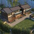 Traditional Chinese Style House Featuring Flat Open Doors Courtyard Lawn and Trees